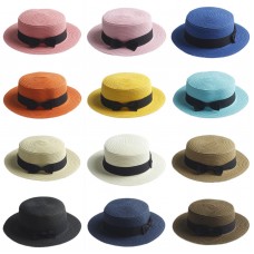 Mujer&apos;s Kids Girls Straw Bowler Boater Sun Hat Round Flat Caps Brim Summer Beach  eb-68338398